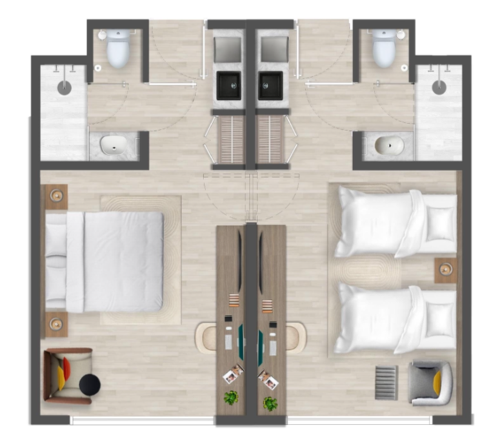 Connecting Unit Features Garden and Pool Views Available Choose from configurations such as 1 Queen Bed + Twin Pull-Out Sofa or 2 Full-Size Beds — with 2 micro kitchens, 2 en-suite bathrooms, and optional balconies. Total space ranges from 44–52 m² (474–560 sq ft). Ideal for families or friends traveling together, these connecting units offer privacy, flexibility, and added comfort within a shared resort experience.