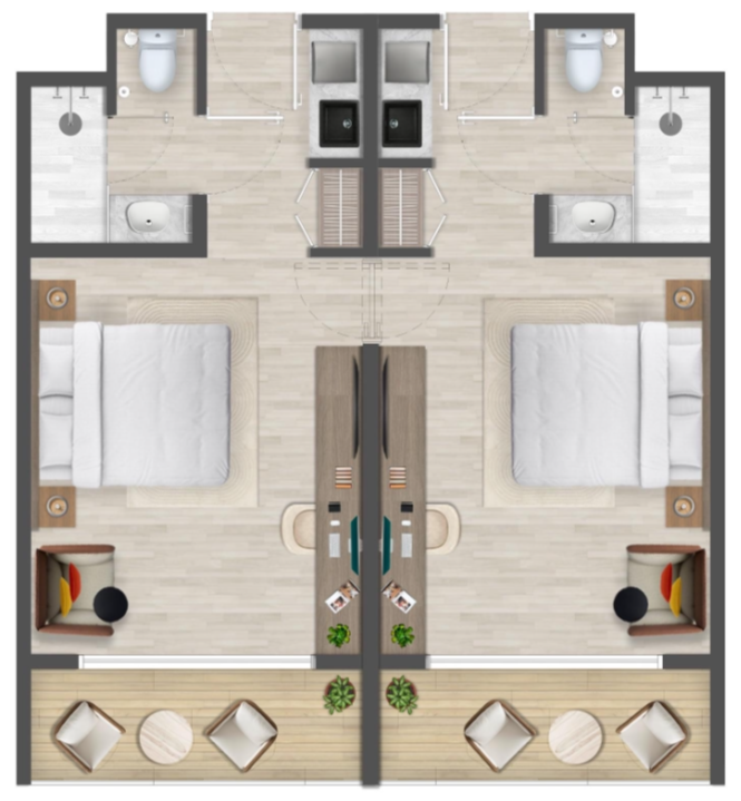 Connecting Unit Features Garden and Pool Views Available Choose from configurations such as 1 Queen Bed + Twin Pull-Out Sofa or 2 Full-Size Beds — with 2 micro kitchens, 2 en-suite bathrooms, and optional balconies. Total space ranges from 44–52 m² (474–560 sq ft). Ideal for families or friends traveling together, these connecting units offer privacy, flexibility, and added comfort within a shared resort experience.